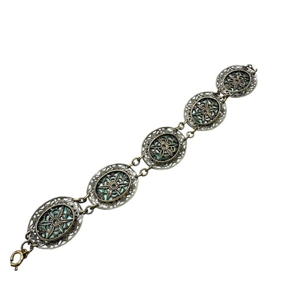 Vintage Czech Green Peking Glass Antiqued Gold Tone Bracelet 7 Inch - Picture 2 of 6